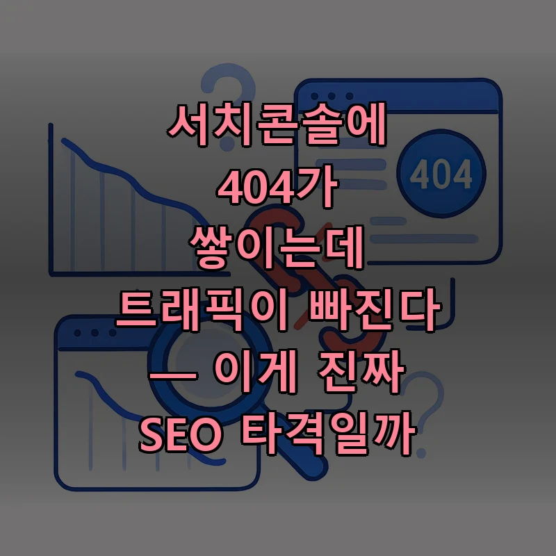 서치콘솔 페이지 보고서에 404 에러가 누적되며 SEO 트래픽 변화 추이를 분석하는 모습