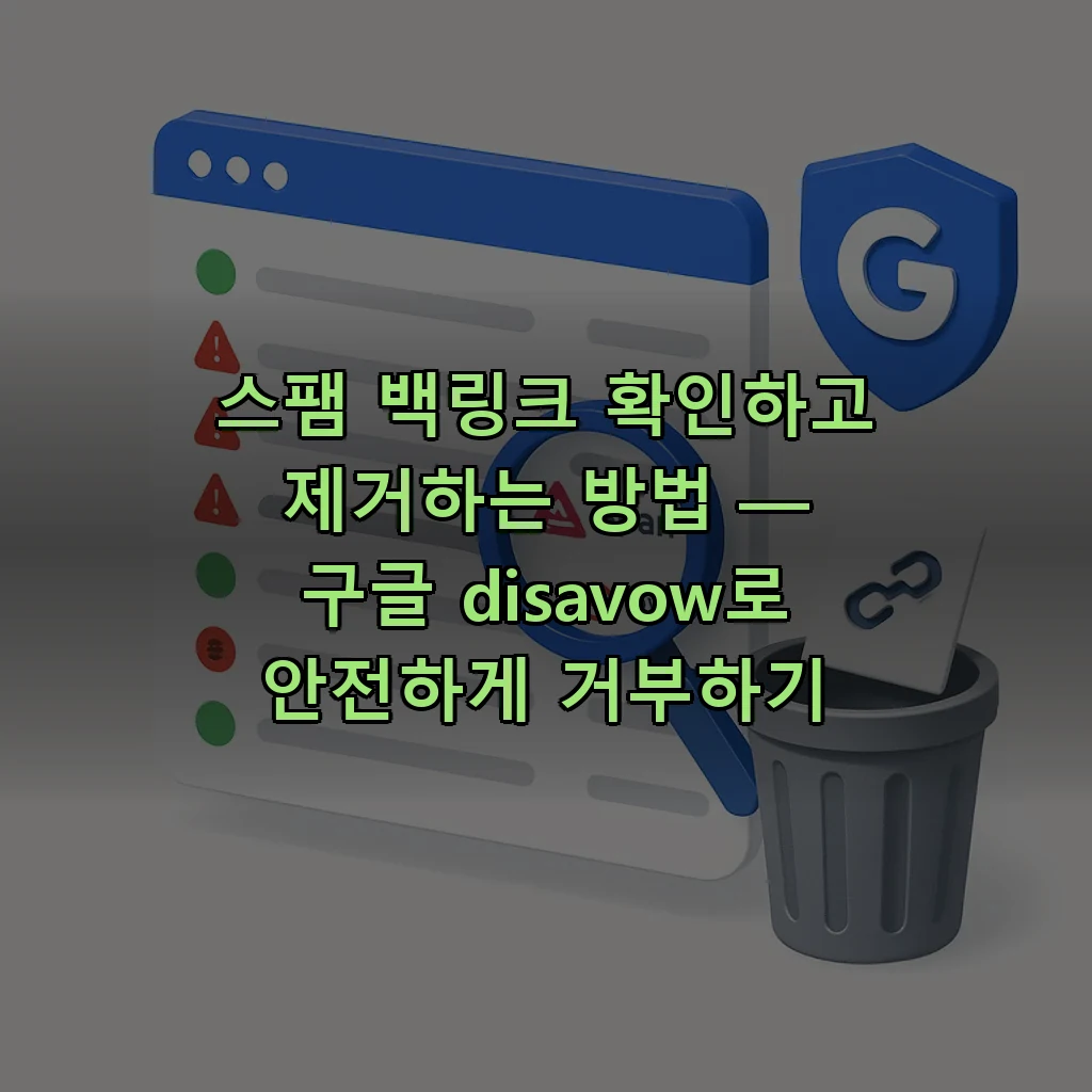 스팸 백링크를 표시한 대시보드와 구글 disavow 거부 처리를 형상화한 아이소메트릭 일러스트