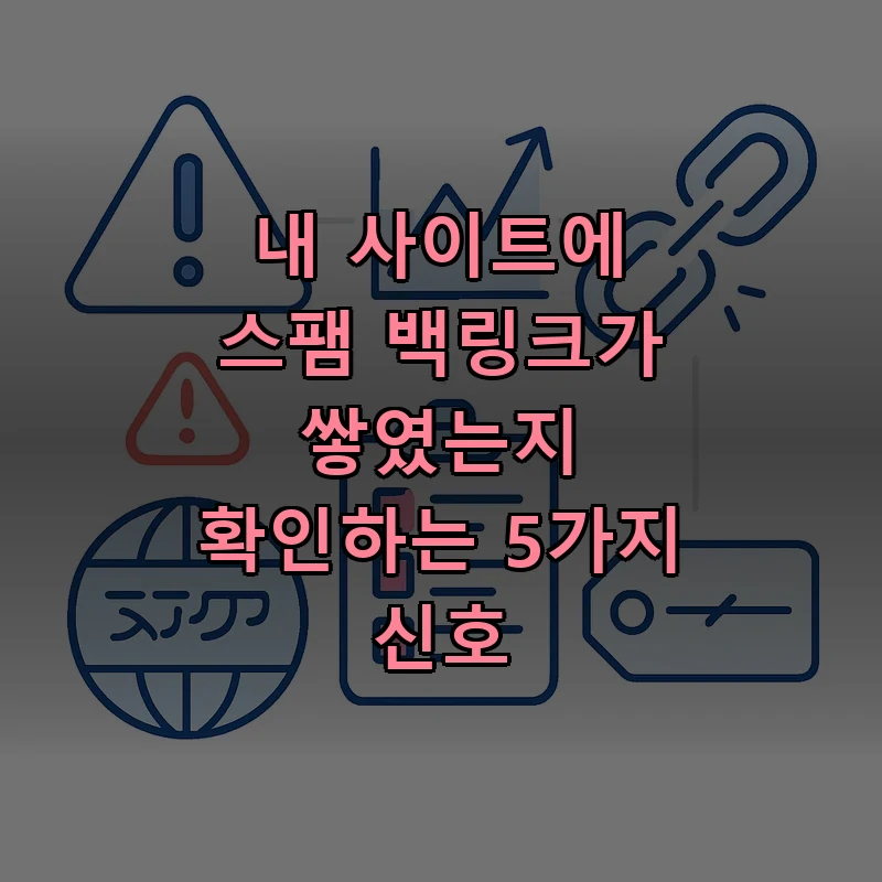트래픽 이상, 깨진 링크, 의심 앵커텍스트 등 스팸 백링크가 쌓였을 때 나타나는 5가지 신호를 표현한 아이콘 일러스트