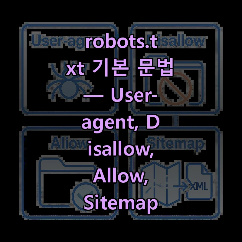 robots.txt의 네 가지 핵심 지시어 User-agent, Disallow, Allow, Sitemap을 카드 형태로 정리한 일러스트