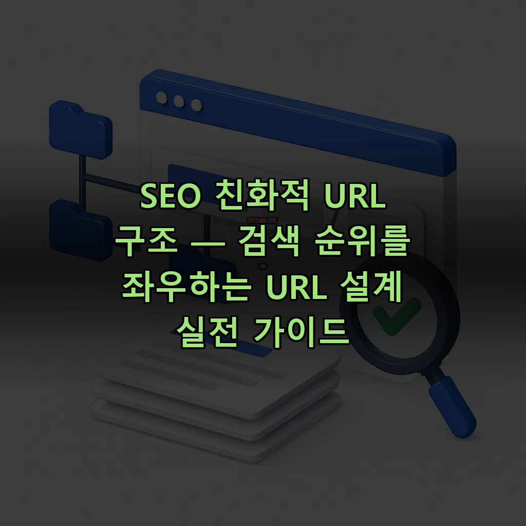 SEO 친화적 URL 구조의 핵심 - 깔끔한 디렉토리와 슬러그로 구성된 URL 바와 폴더 트리, 검색 결과 카드를 시각화한 아이소메트릭 일러스트