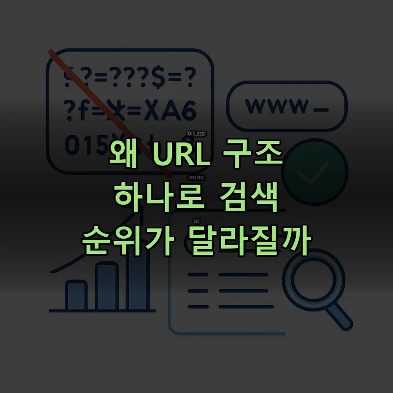 지저분한 긴 URL과 깔끔한 짧은 URL의 비교, 검색 순위 상승 차트로 URL 구조의 SEO 영향을 시각화