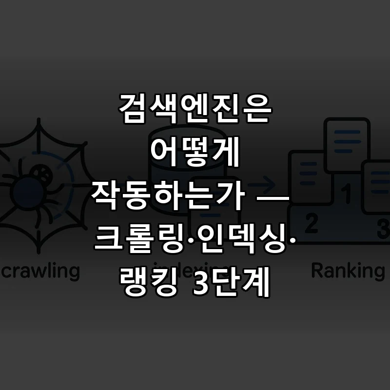 검색엔진의 크롤링·인덱싱·랭킹 3단계 흐름 일러스트