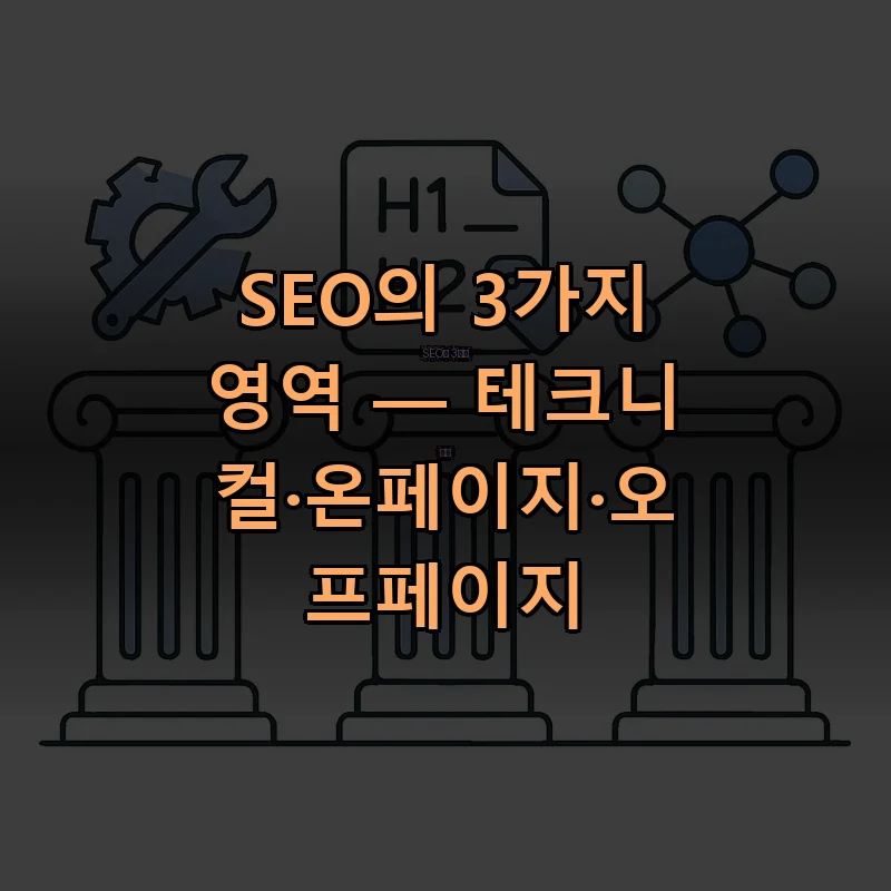 SEO의 3가지 영역 — 테크니컬·온페이지·오프페이지 SEO를 세 기둥으로 표현한 일러스트